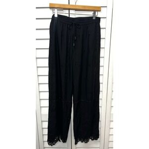 Zara Eyelet Beaded Wide Leg Scalloped Hem Pants Women's Size Medium Black